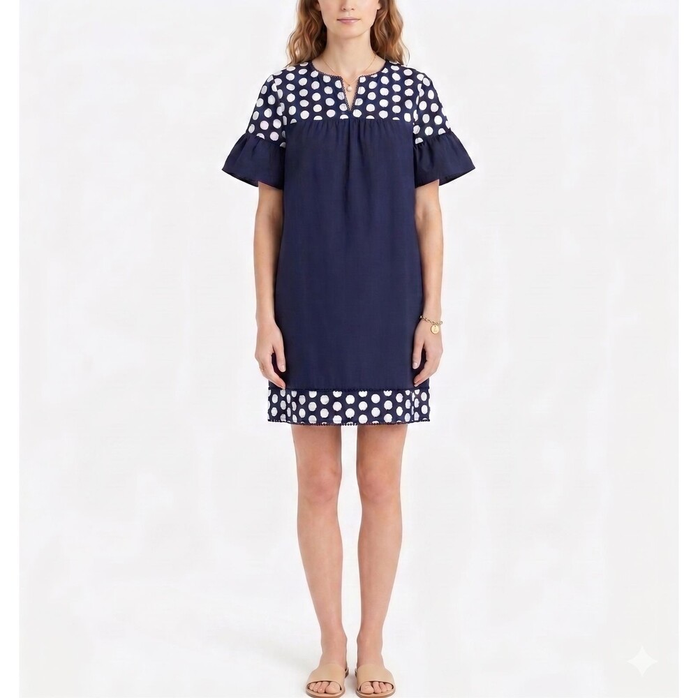 J. Crew Embroidered Flower Bell Sleeve Cotton Shift Dress Navy White Women's 10